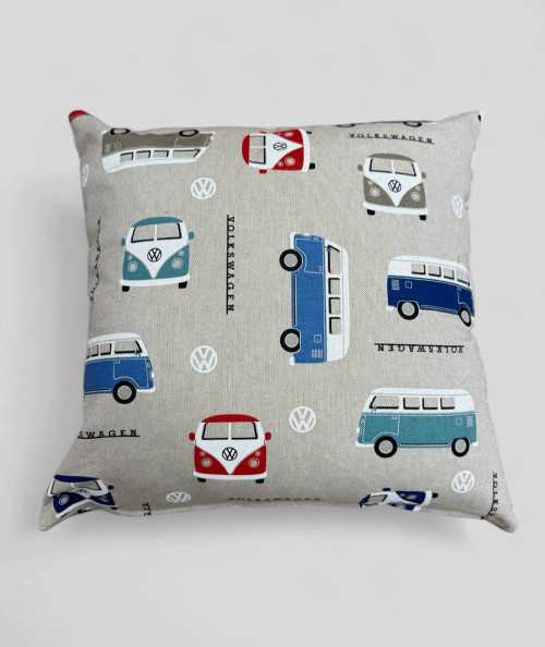Modern square cushions with a beige base and a blue and red camper print