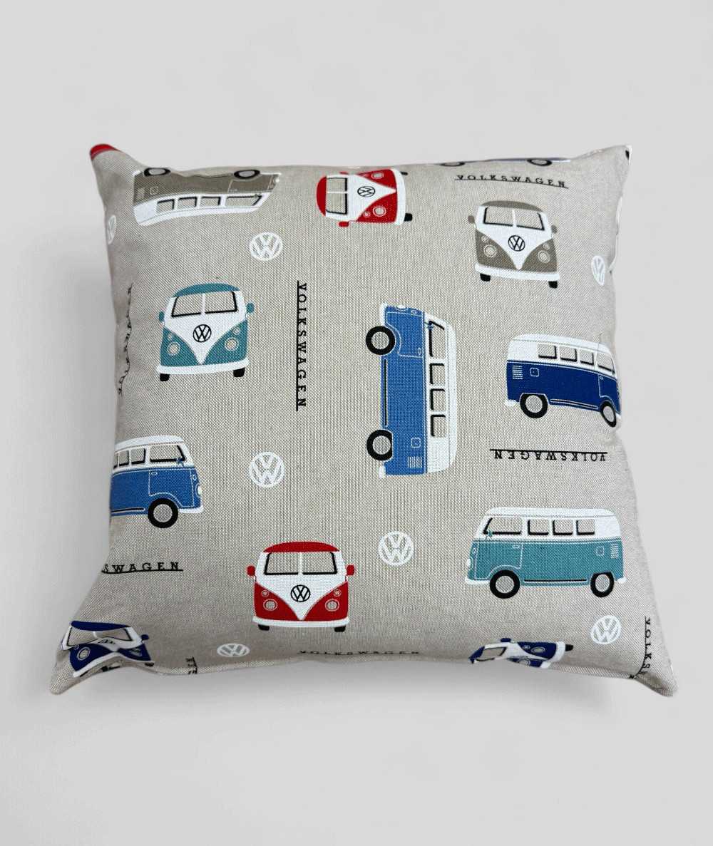 Modern square cushions with a beige base and a blue and red camper print