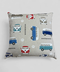 Modern square cushions with a beige base and a blue and red camper print