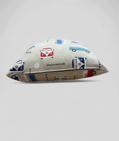 Modern square cushion covers with a beige base and a blue and red camper print