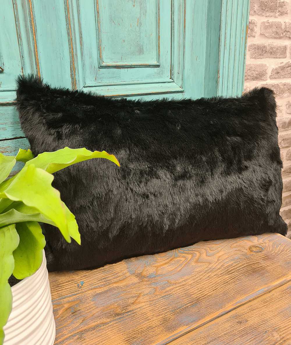 Plain black rectangular faux fur cushions