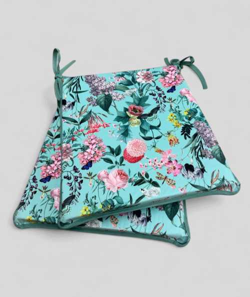Luxury tapered seat pads in a soft aqua velvet with a summer floral print