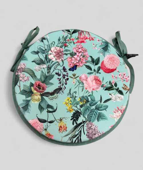 Luxury round aqua coloured velvet bistro seat pads with a multicoloured floral print