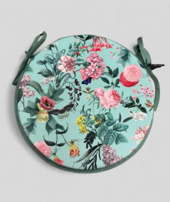 Luxury round aqua coloured velvet bistro seat pads with a multicoloured floral print