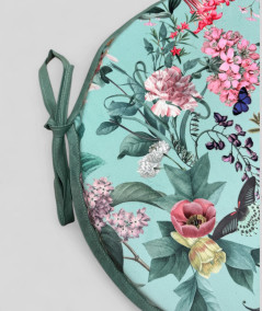 Luxury round aqua coloured velvet bistro chair pads with a multicoloured floral print