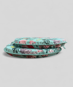 Luxury round aqua coloured velvet bistro seat cushions with a multicoloured floral print