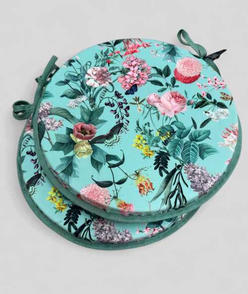 Luxury round aqua coloured velvet bistro chair cushions with a multicoloured floral print