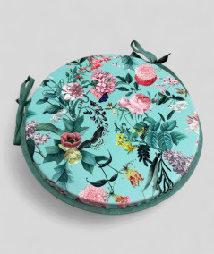 Luxury circular aqua coloured velvet bistro seat pads with a multicoloured floral print