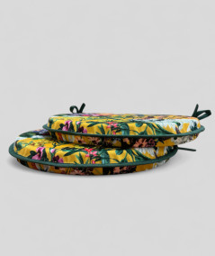 Luxury round yellow coloured velvet bistro chair pads with a multicoloured floral print