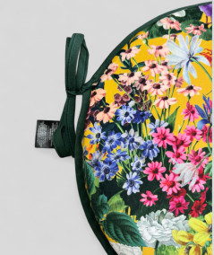 Luxury round yellow coloured velvet bistro chair cushions with a multicoloured floral print