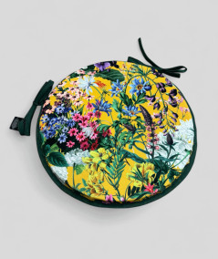 Luxury circular, yellow coloured velvet bistro seat pads with a multicoloured floral print