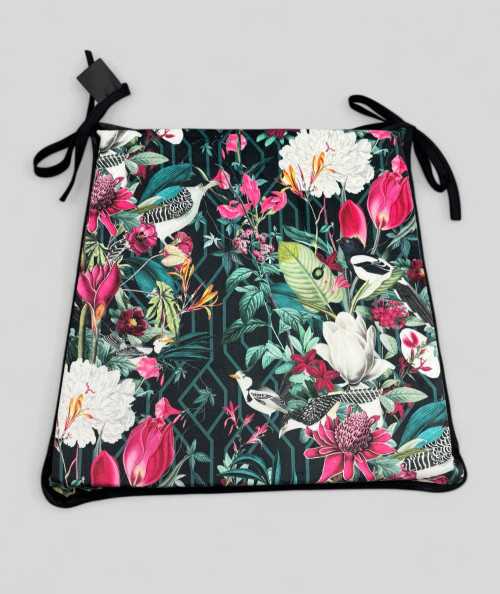 Tropical printed velvet, multicoloured tapered seat pads on a black base