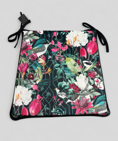 Tropical printed velvet, multicoloured tapered seat pads on a black base