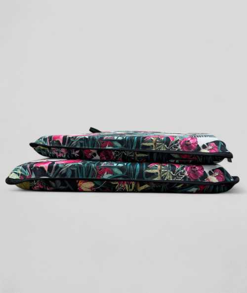 Tropical printed velvet, multicoloured tapered seat cushions on a black base