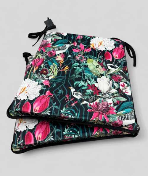 Tropical printed velvet, multicoloured tapered chair pads on a black base