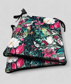 Tropical printed velvet, multicoloured tapered chair pads on a black base