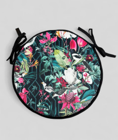 Luxury round black coloured velvet bistro seat pads with a multicoloured tropical print
