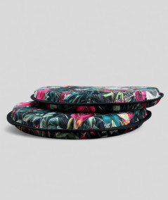 Luxury round black coloured velvet bistro seat cushions with a multicoloured tropical print