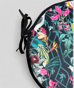Luxury round black coloured velvet bistro chair cushions with a multicoloured tropical print