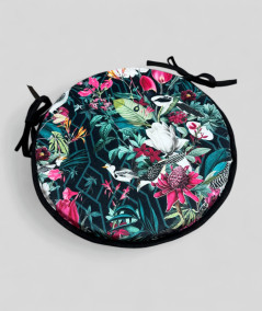 Luxury circular black coloured velvet bistro seat pads with a multicoloured tropical print