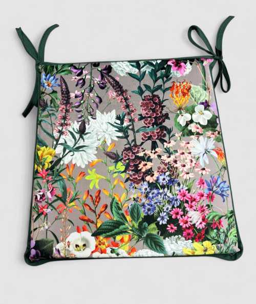 Floral printed velvet, multicoloured tapered seat pads on a taupe base