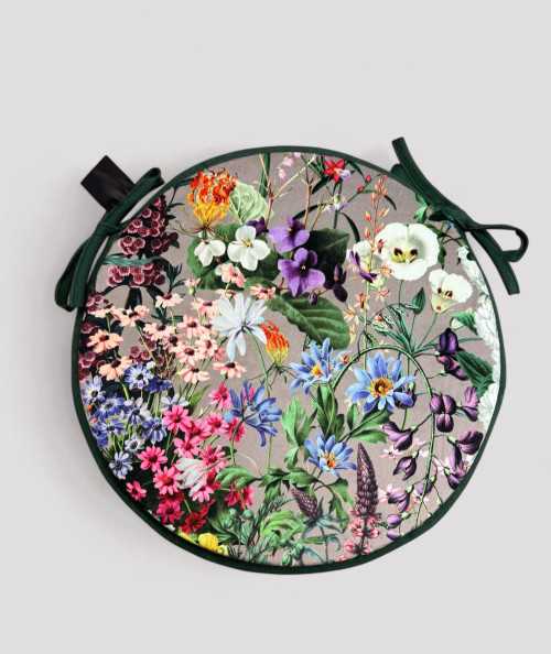 Luxury round taupe coloured velvet bistro seat pads with a multicoloured floral print