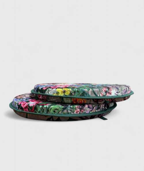 Luxury round taupe coloured velvet bistro seat cushions with a multicoloured floral print