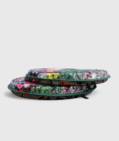 Luxury round taupe coloured velvet bistro seat cushions with a multicoloured floral print