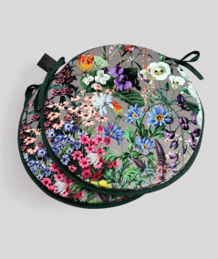 Luxury round taupe coloured velvet bistro chair pads with a multicoloured floral print