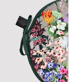 Luxury round taupe coloured velvet bistro chair cushions with a multicoloured floral print