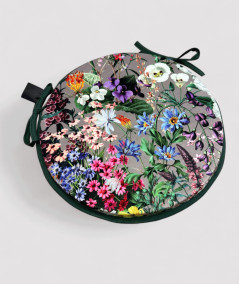 Luxury circular taupe coloured velvet bistro seat pads with a multicoloured floral print