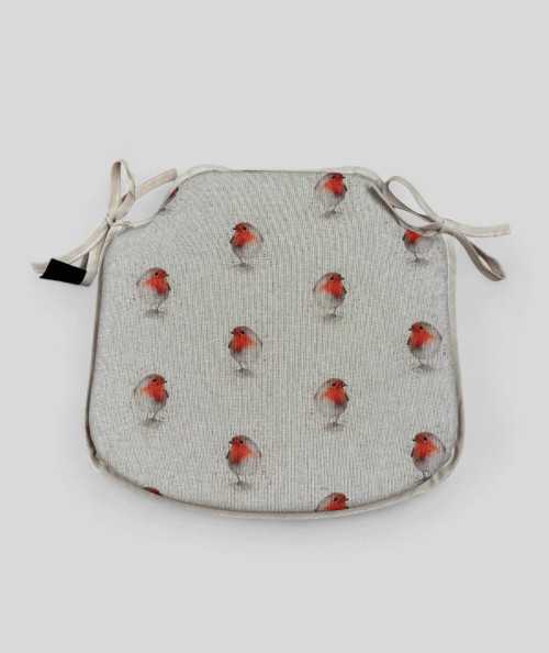 Beige spindle shaped non-slip seat pads with a red robin print
