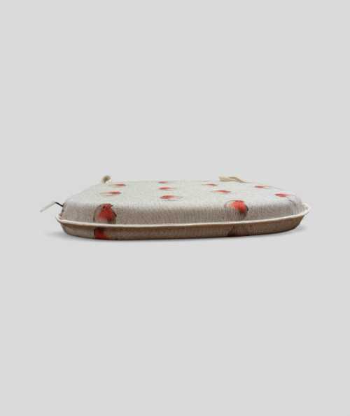 Beige, extra thick spindle shaped non-slip seat pads with a red robin print