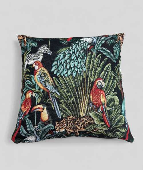 Square cushions in a hardwearing tapestry type fabric with a multicoloured rainforest design on a black base