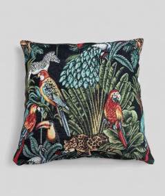 Square cushions in a hardwearing tapestry type fabric with a multicoloured rainforest design on a black base