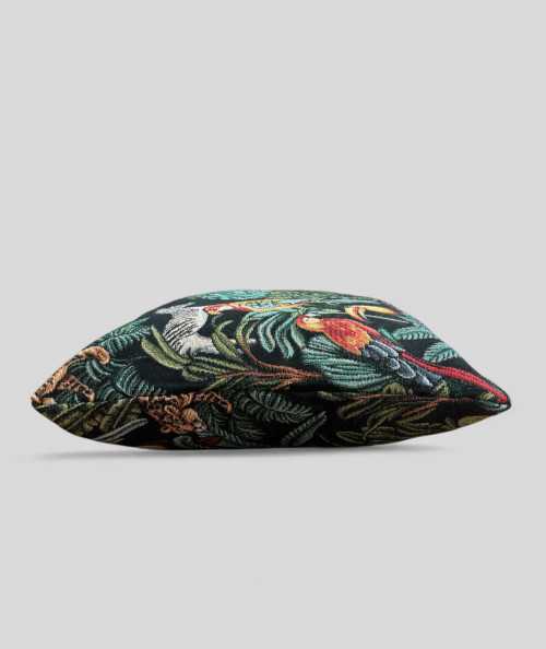 Square cushions in a hardwearing tapestry type fabric with a multicoloured jungle design on a black base