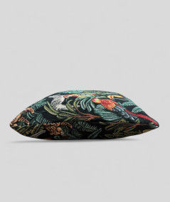 Square cushions in a hardwearing tapestry type fabric with a multicoloured jungle design on a black base