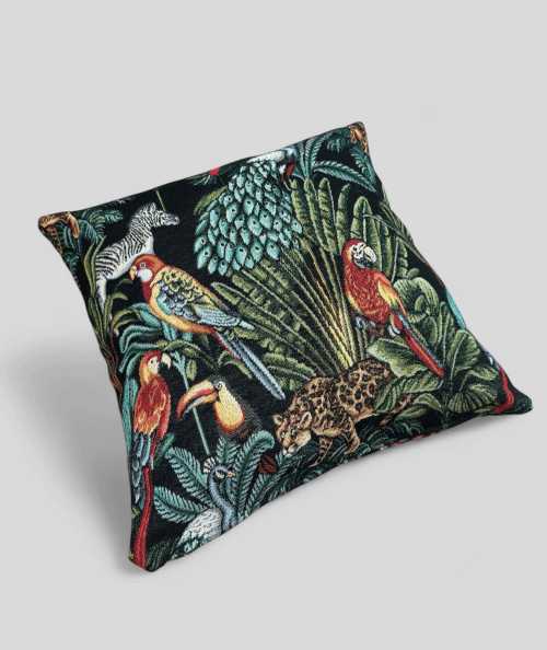 Square cushions in a hardwearing tapestry type fabric with a multicoloured tropical design on a black base