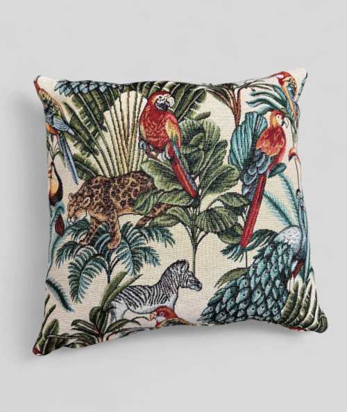 Hardwearing square sofa cushions in a multi-coloured tropical rainforest design