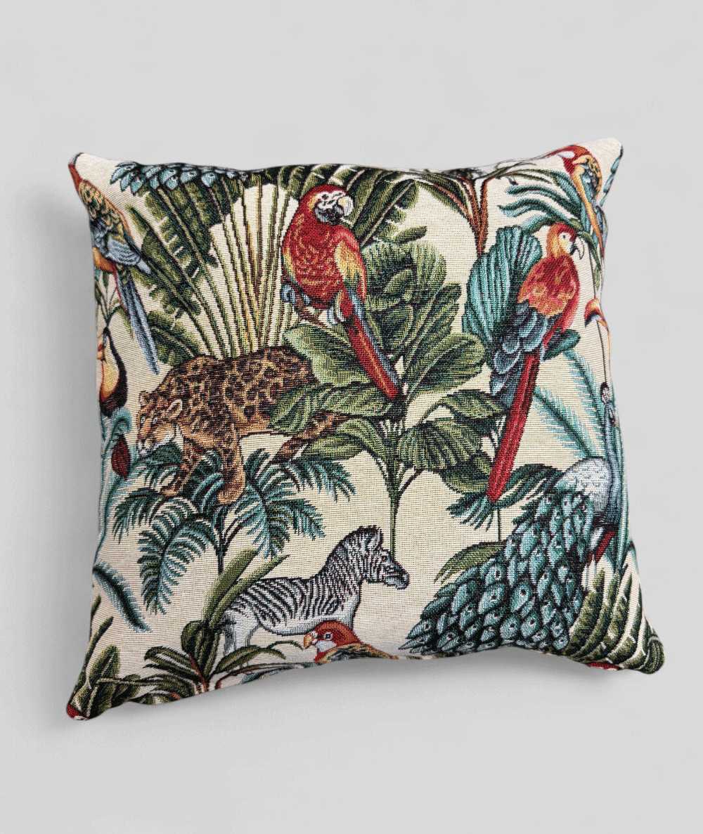 Hardwearing square sofa cushions in a multi-coloured tropical rainforest design