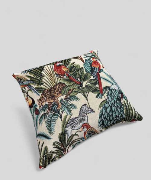 Hardwearing square cushion covers in a multi-coloured tropical rainforest design