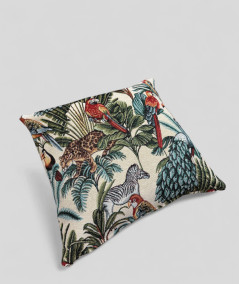 Hardwearing square cushion covers in a multi-coloured tropical rainforest design