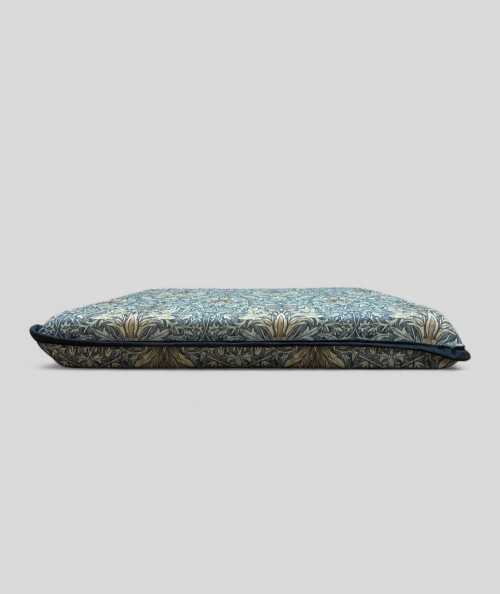Blue patterned square shaped seat cushions