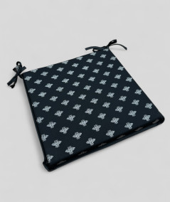 Square shaped black chair cushions with a small bee metallic print