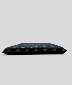Black tapered seat cushions with an all over small gold bee print