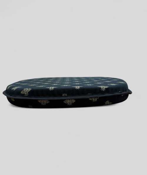Black classic D shaped seat cushions with an all over small gold bee print