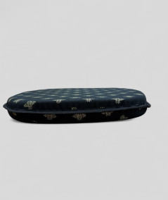 Black classic D shaped seat cushions with an all over small gold bee print
