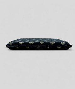 Black square shaped seat cushions with an all over small gold bee print