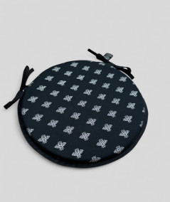 Round black chair cushions with an all over small silver bee design