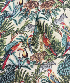 Tapestry fabric with a bold, multi-coloured rainforest design with animals and birds